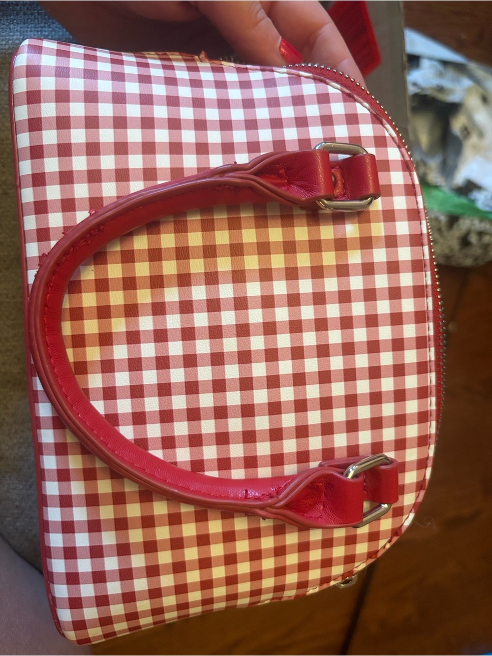 Steve Madden Red and White Gingham Cosmetic Case